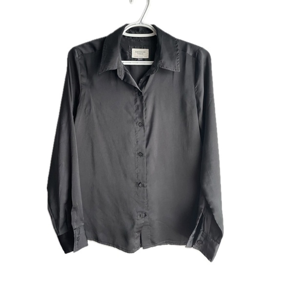 American Eagle Satin Look Black Button Down Long Sleeve - Picture 1 of 4